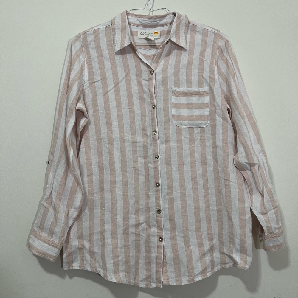 C&C California 100% Linen Button Up Shirt Striped Rolled Tab Long Sleeve Sz M